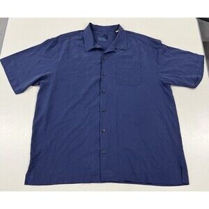 Men's Tommy Bahama Navy Blue Silk Button Down Short Sleeve Shirt, XL